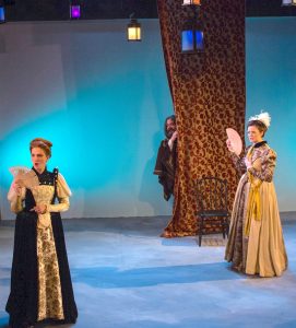 Photo Credit: Sara Watson (l. to r.) Eliza Simpson as Mistress Page, Al Foote III as Sir John Falstaff and Eleanor Philips as Mistress Ford