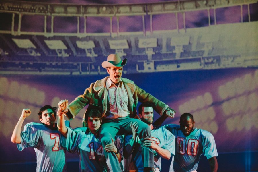 Gary Ramsey as Bum Phillips (center) and cast members of Monk Parrots’ World Premiere of Bum Phillips All-American Opera. Photo Credit: Corey Torpie