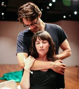 Ben Chase and Julia Watt in "The Sun Experiment" at FringeNYC. Photo by Adele Kenworthy.