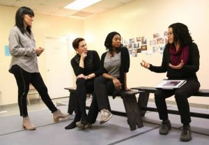 Tanya Barfield with "Bright Half Life" director Leigh Silverman and actors Rebecca Henderson and Rachael Holmes. Photo by Joan Marcus.