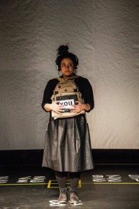 An audience member performs in THE HUMAN SYMPHONY, created and directed by Dylan Marron and produced by the New York Neo-Futurists. Photo by Joseph Bensimon / NYNF