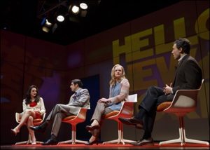 Tracee Chimo, Jason Biggs, Elisabeth Moss, and Bryce Pinkham. Photo by Joan Marcus.