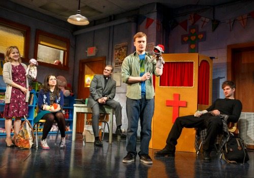 Geneva_Carr__Sarah_Stiles__Marc_Kudisch__Steven_Boyer_and_Michael_Oberholtzer_in_a_scene_from_HAND_TO_GOD_on_Broadway_-_Photo_by_Joan_Marcus1.jpg