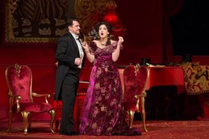 Susanna Phillips as Rosalinde and Paulo Szot as Dr. Falke in Johann Strauss, Jr.'s "Die Fledermaus." Photo: Marty Sohl/Metropolitan Opera