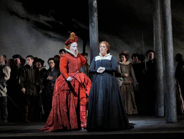 Elza van den Heever as Elisabetta and Sondra Radvanovsky in the title role of Donizetti's "Maria Stuarda." Photo by Ken Howard/Metropolitan Opera.